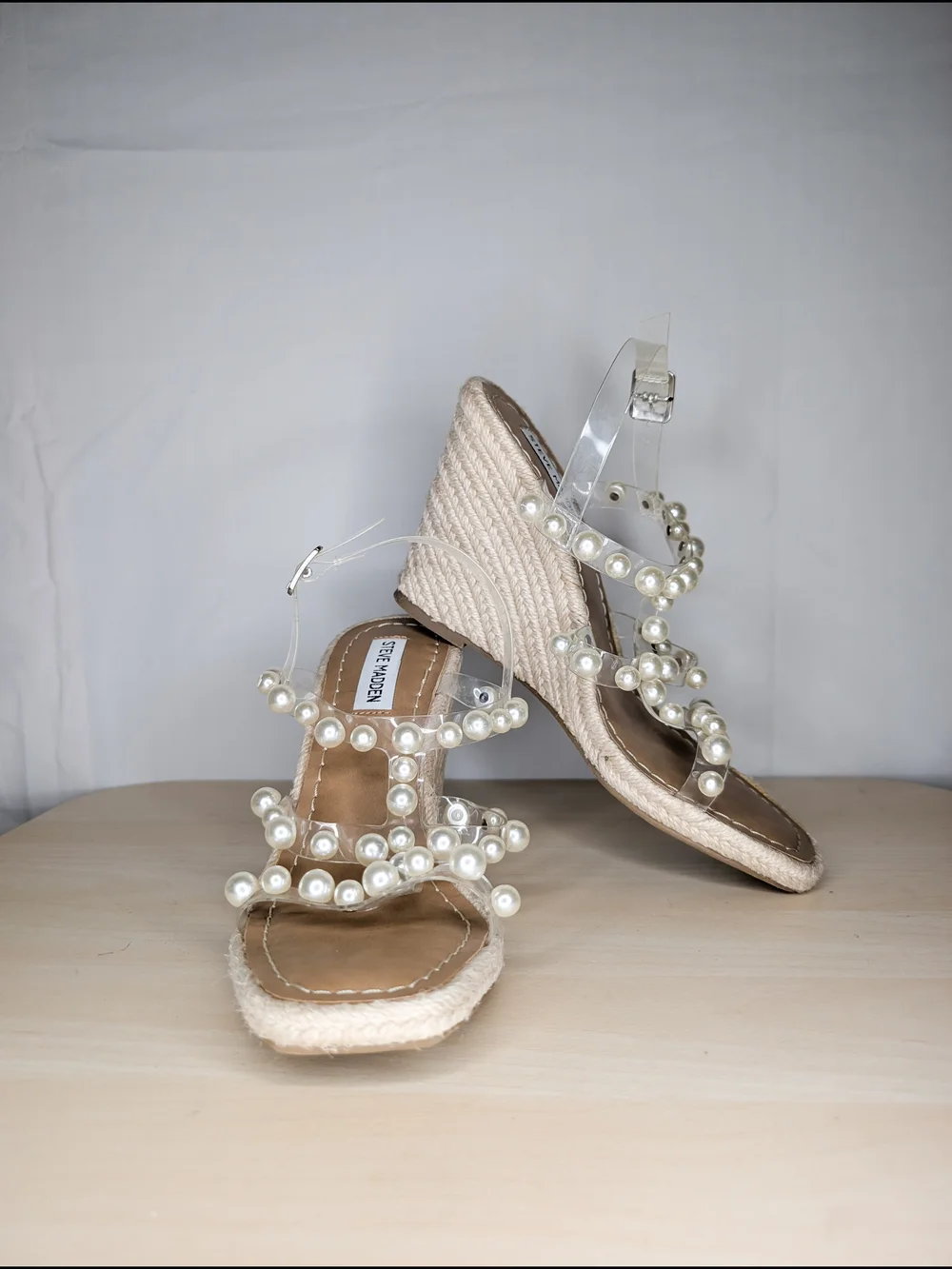 Steve Madden Pearl-Embellished Clear-Strap Espadrille Wedges